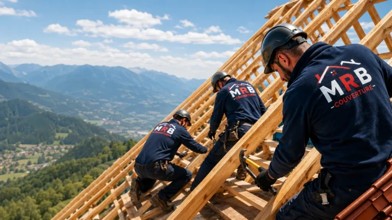 Équipe MRB Couverture sur un chantier de charpente dans les Hautes-Pyrénées